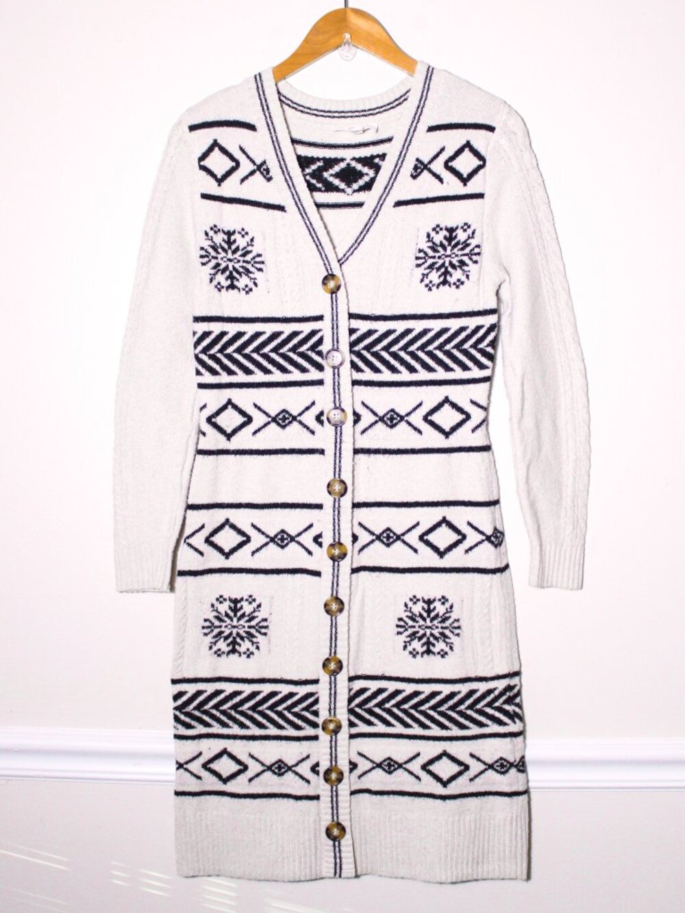Lucky Brand Snowflake Fair Isle Knit Duster Cardigan Long Sweater Dress Beige S